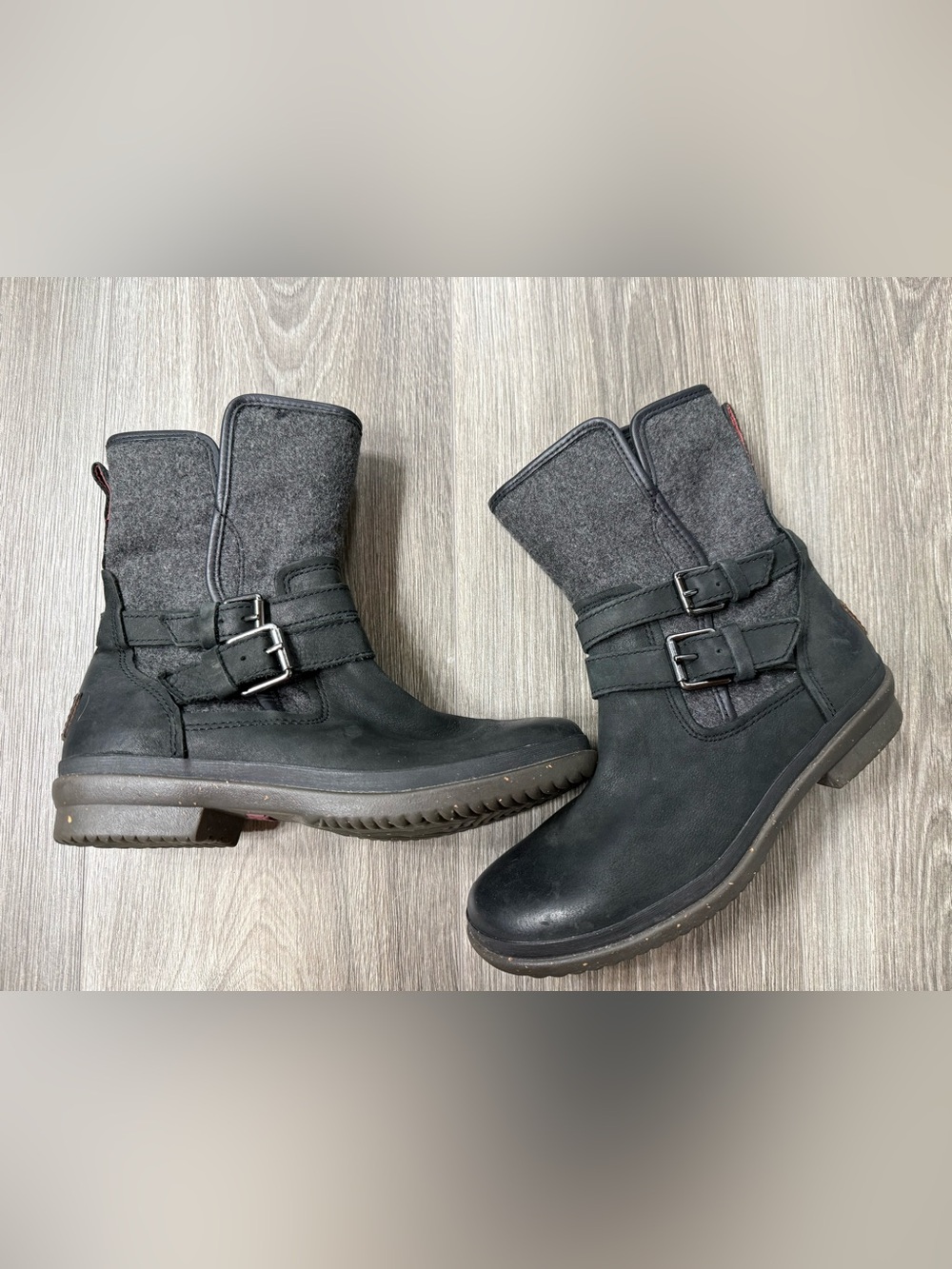 UGG Waterproof Black Leather & Wool Moto Buckle Ankle Boots 6.5 Grunge Edgy